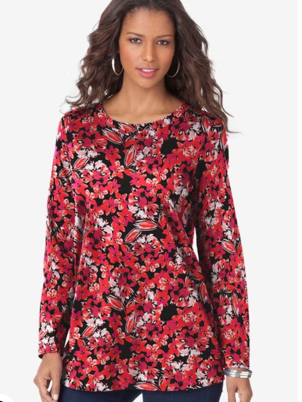 Roaman's Black Long Sleeve Crewneck Tee with Red & Pink Floral Print